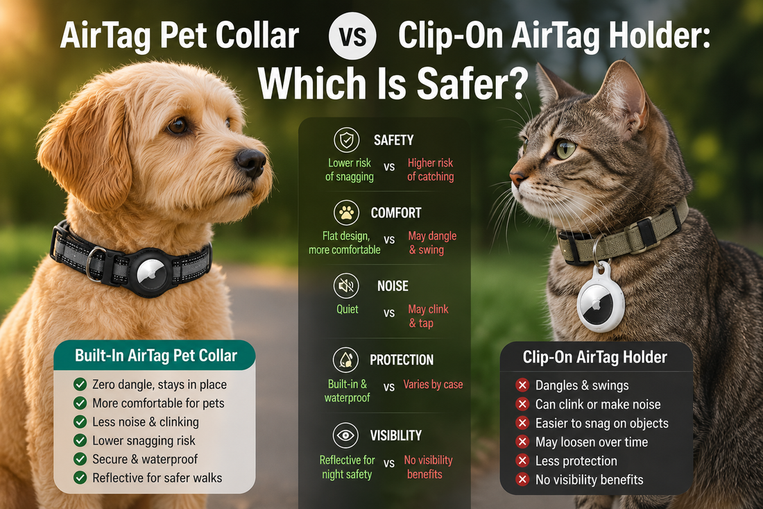Dog wearing a reflective AirTag pet collar with a built-in zero-dangle holder during an outdoor walk