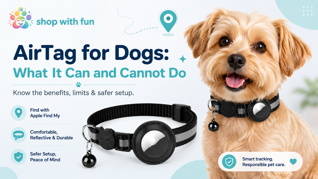 Small dog wearing reflective AirTag pet collar beside ShopWithFun AirTag collar product image for dog tracking safety guide