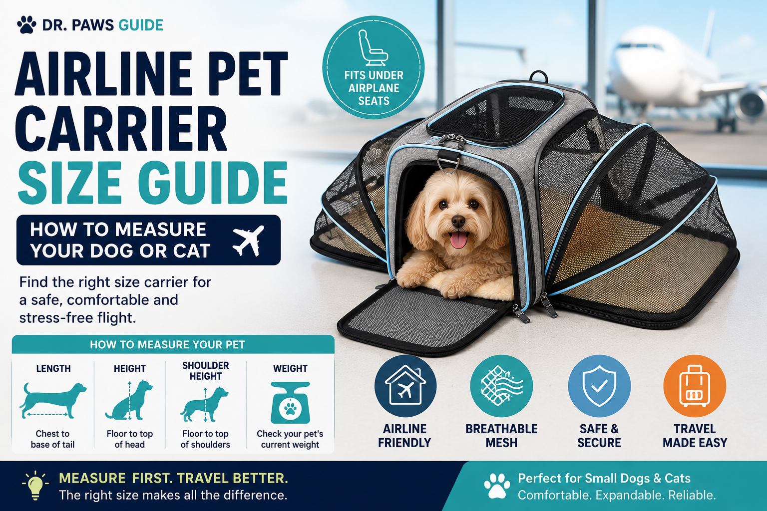 Small dog inside an expandable airline pet carrier with mesh sides, showing how to measure carrier size for under-seat travel