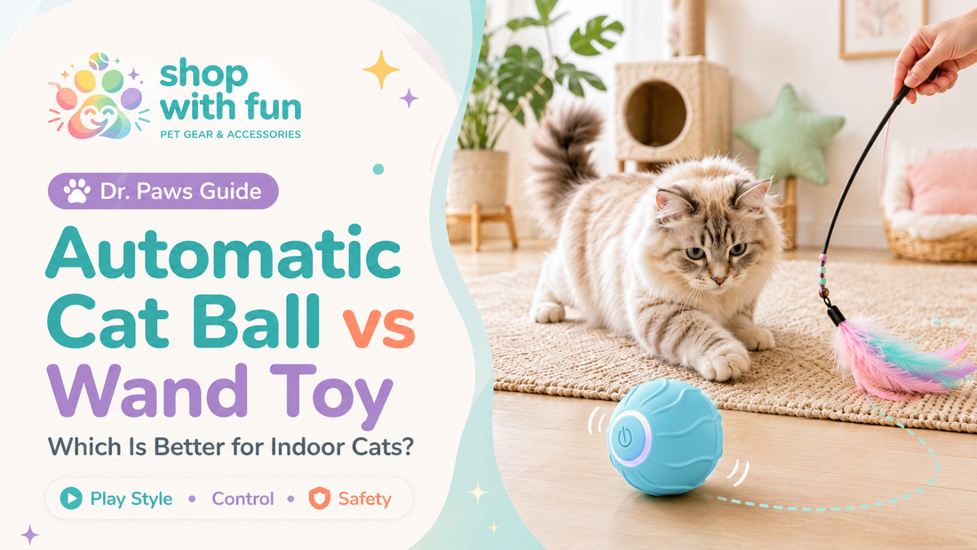 Indoor cat choosing between a rechargeable automatic rolling ball and an owner-controlled wand toy during supervised play.