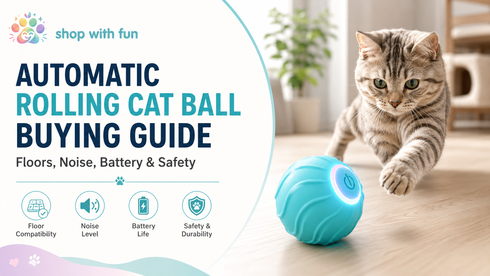 Blue automatic rolling cat ball with curved silicone grooves moving toward a curious indoor cat on a hard floor.