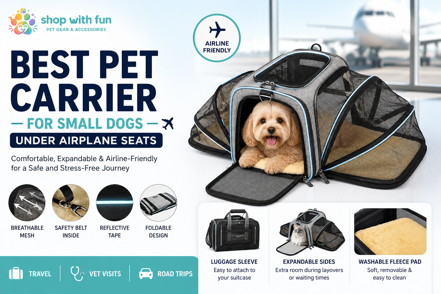 Small dog resting inside a soft-sided expandable pet carrier under an airplane seat with breathable mesh panels