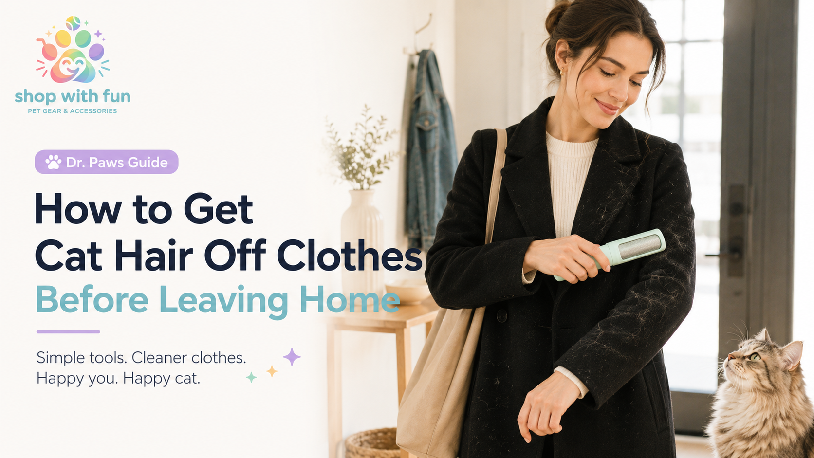 Woman using a pastel reusable pet hair remover on a black coat before leaving home, with visible cat hair and a fluffy cat nearby.