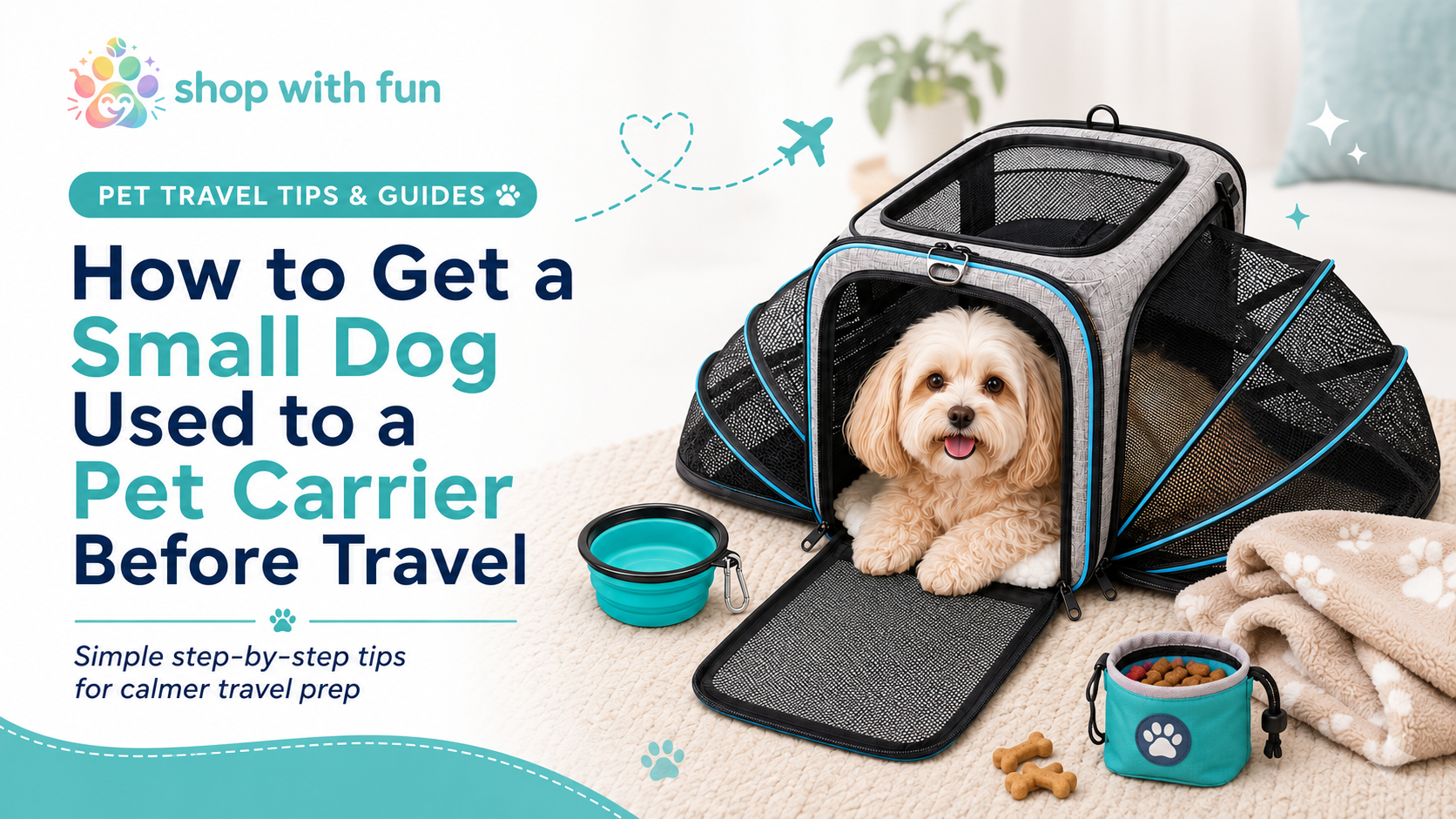 Small dog resting inside Shop With Fun expandable pet carrier during carrier training before travel
