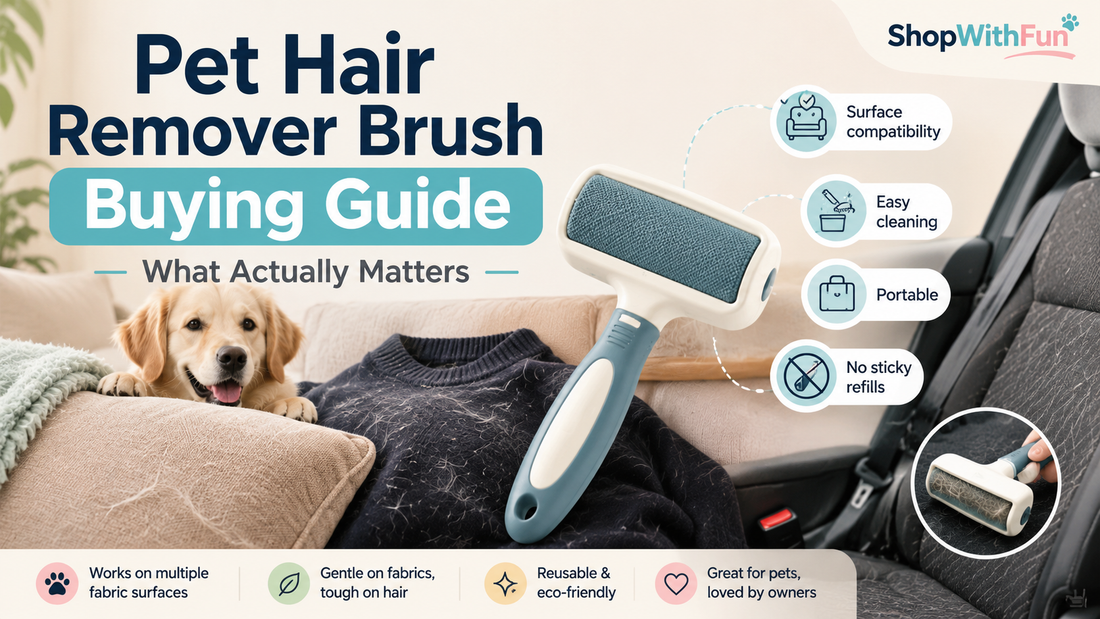Reusable pet hair remover brush shown with a fabric sofa, dark sweater and car seat covered in pet hair, alongside a golden retriever and buying-guide tips.