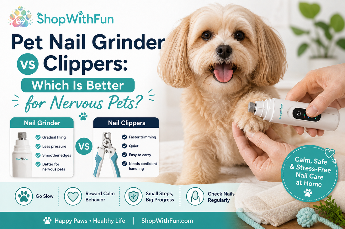 Small dog having nails filed with a ShopWithFun pet nail grinder beside a nail grinder vs clippers comparison guide for nervous pets