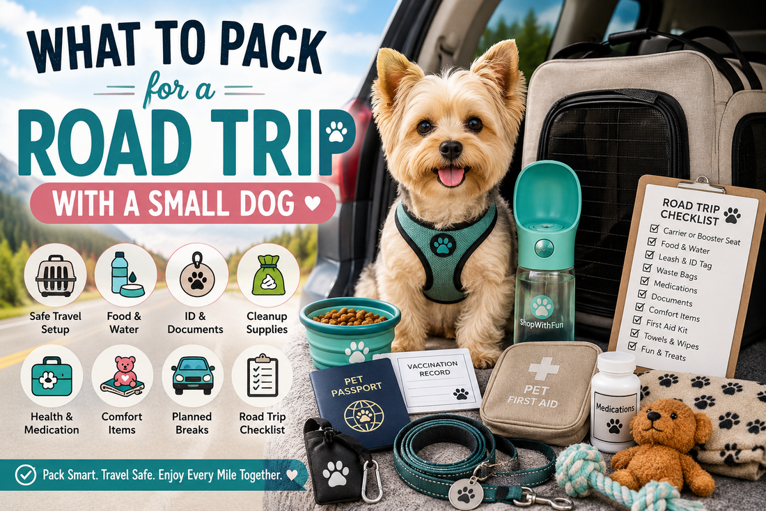 Small dog ready for a road trip with pet carrier, water bottle, leash, travel documents and cleanup supplies