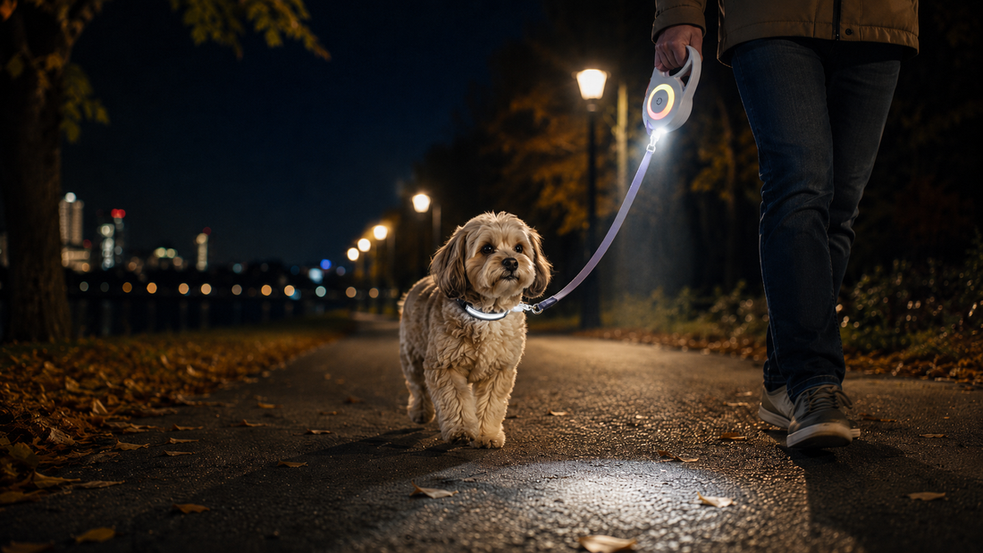 Small dog walking at night with owner using an illuminated retractable leash and reflective collar on a calm city park path