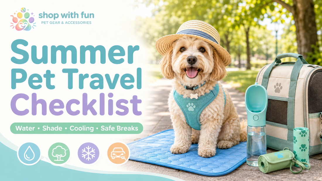 Summer pet travel checklist with dog, cooling mat, portable water bottle, carrier and shaded outdoor rest setup.