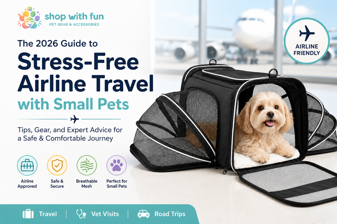 Blog cover image for the 2026 guide to stress-free airline travel with small pets, featuring an expandable airline-friendly pet carrier with a small dog inside at an airport, highlighting breathable mesh, secure design, and travel comfort.