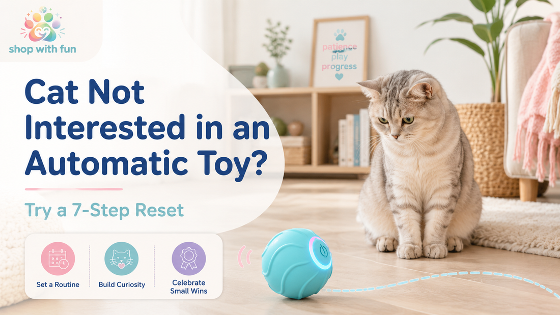Cautious indoor cat watching an automatic rolling cat toy from a safe distance, with a calm play setup and enrichment tips.