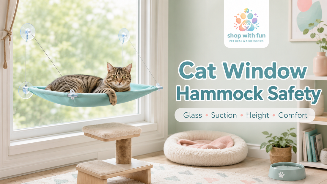 Tabby cat resting on a secure window hammock attached to clean glass, with shaded sunlight, a stable landing area and indoor enrichment nearby.
