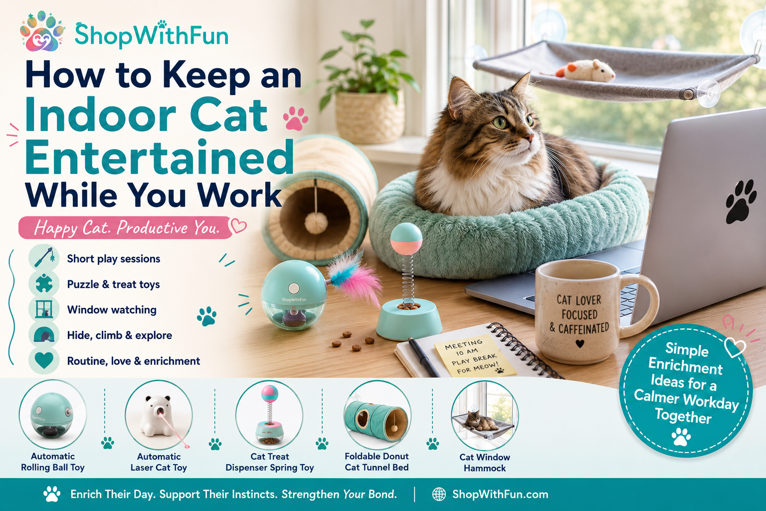 Indoor cat playing with enrichment toys beside a laptop while owner works from home
