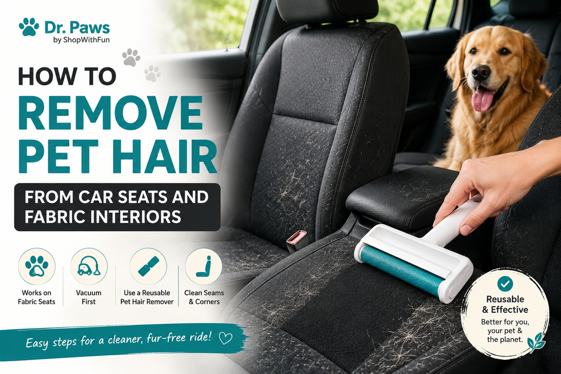 Reusable pet hair remover cleaning dog hair from fabric car seats with a golden retriever in the back seat