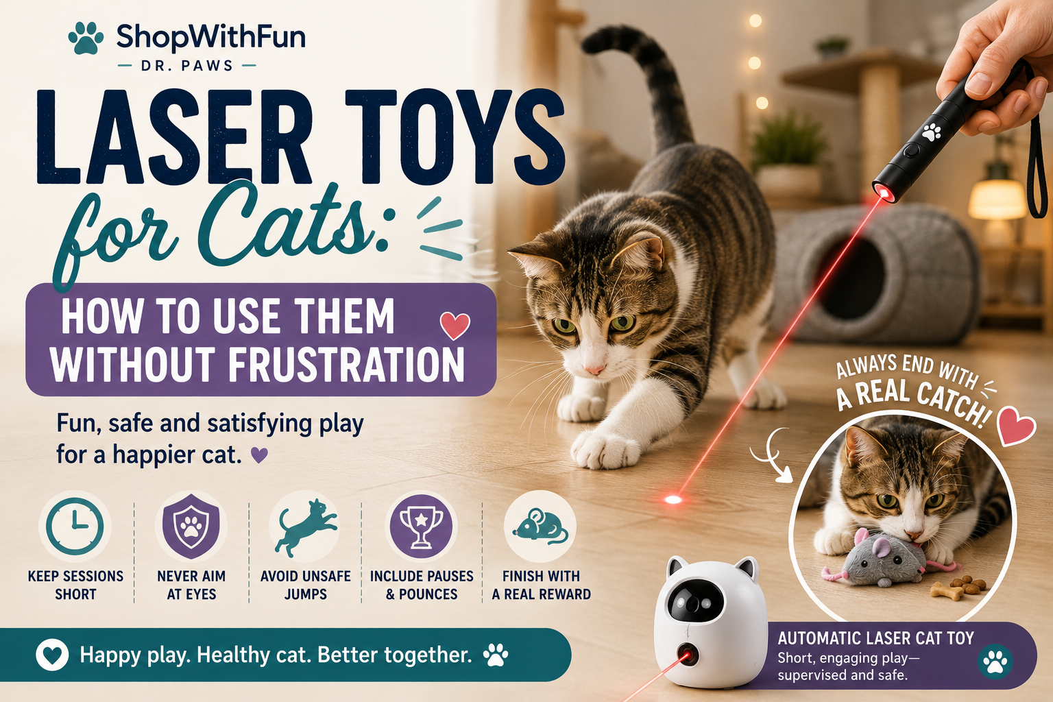 Indoor cat chasing a laser dot before receiving a physical toy reward during supervised play