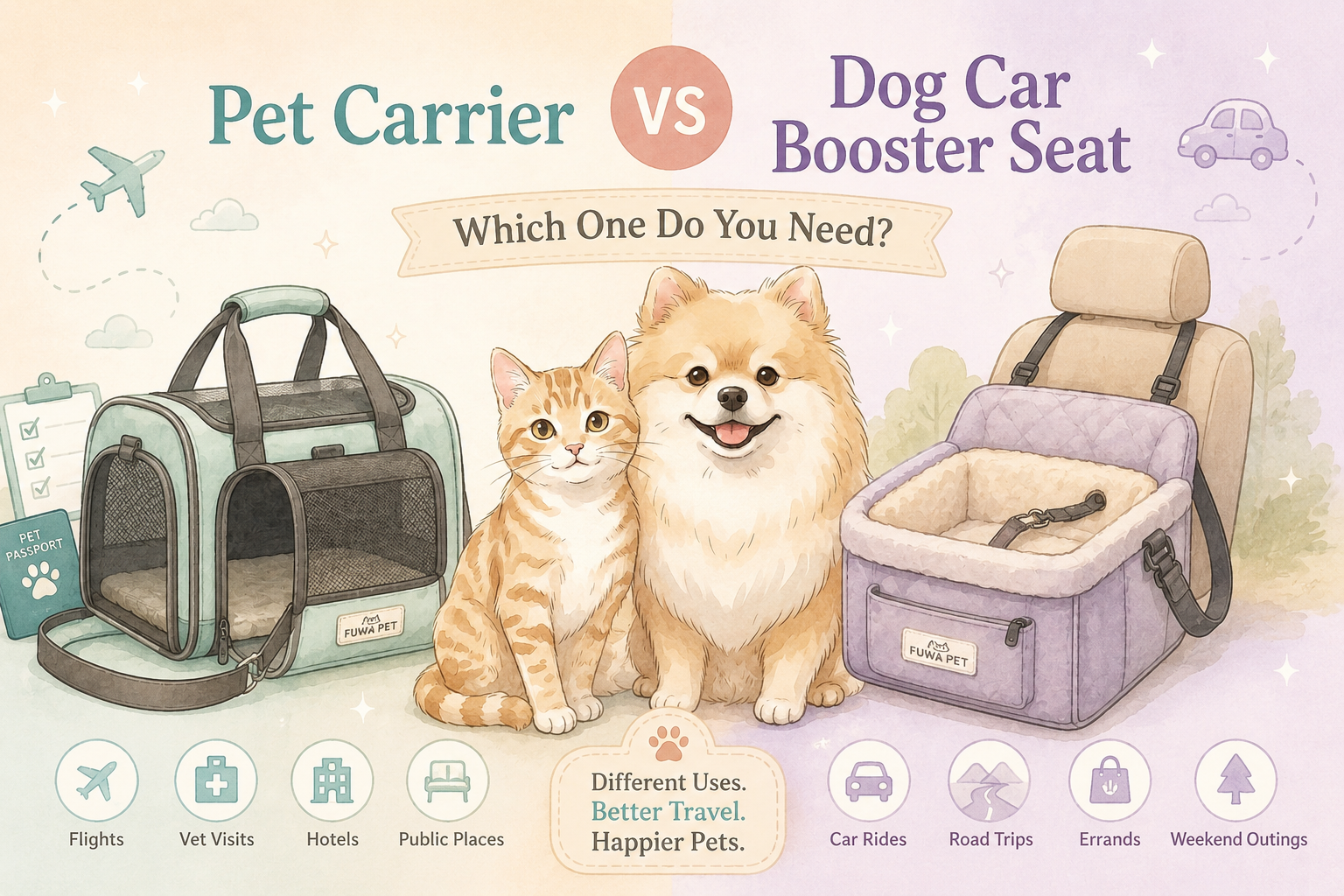 Pet carrier versus dog car booster seat comparison with small dog, cat, soft-sided travel carrier and car booster seat