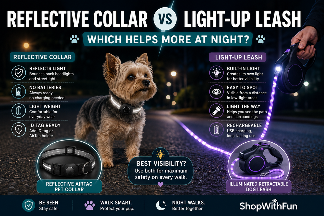 Small dog wearing reflective collar beside illuminated leash during evening walk comparison