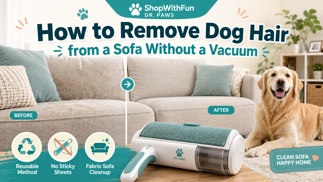 Reusable pet hair remover cleaning dog hair from a fabric sofa without using a vacuum or disposable sticky sheets