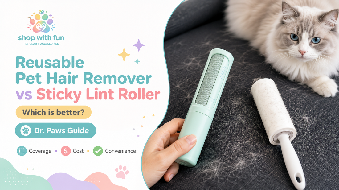 Reusable pastel pet hair remover and sticky lint roller compared beside dark fabric with visible cat and dog hair.