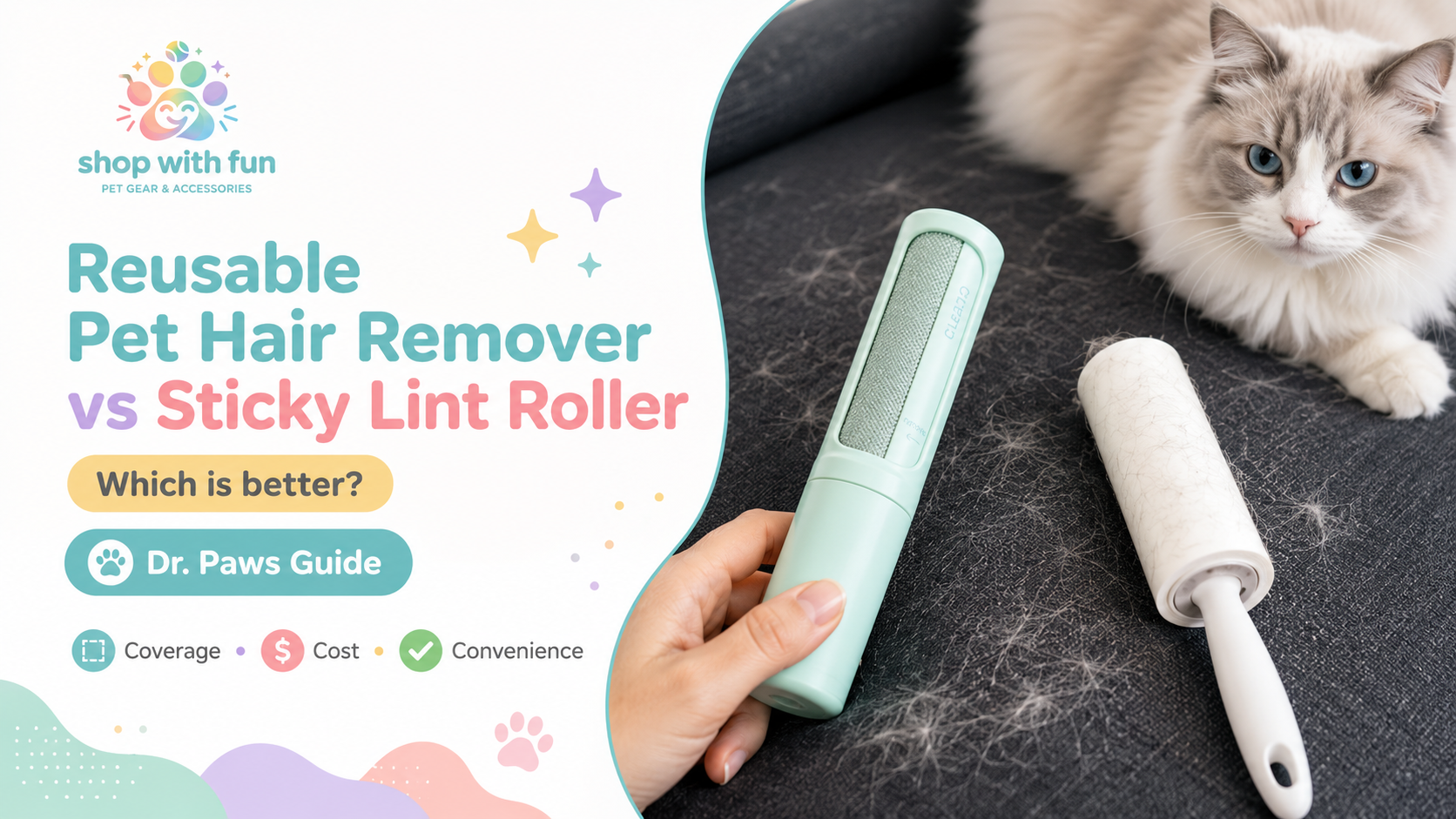 Reusable pastel pet hair remover and sticky lint roller compared beside dark fabric with visible cat and dog hair.