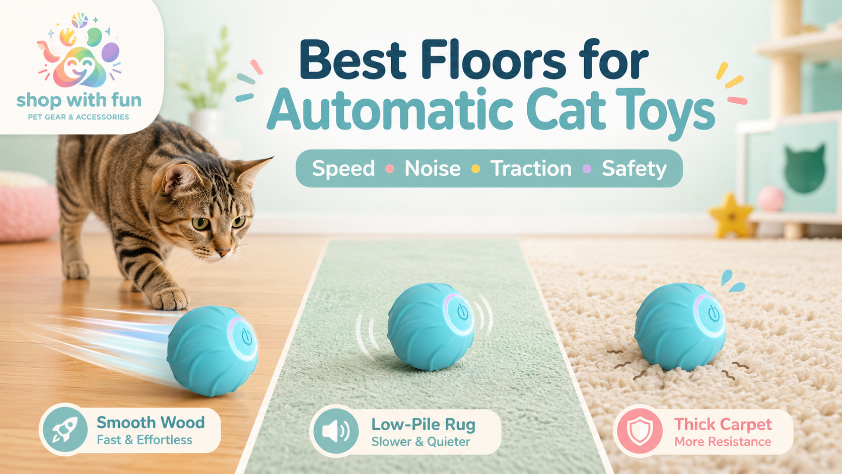 Tabby cat comparing a blue automatic rolling cat toy on wood flooring, a low-pile rug and thick carpet in a bright indoor play area.