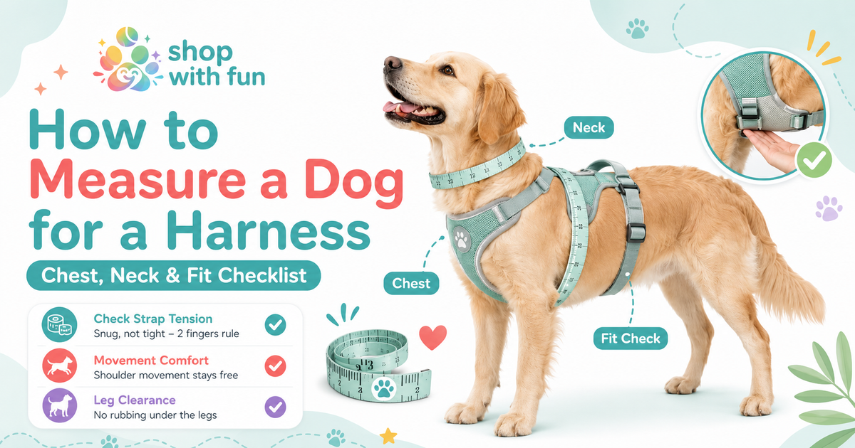 Golden retriever wearing a teal dog harness with measuring tape around the neck and chest, illustrating how to measure a dog for proper harness fit.