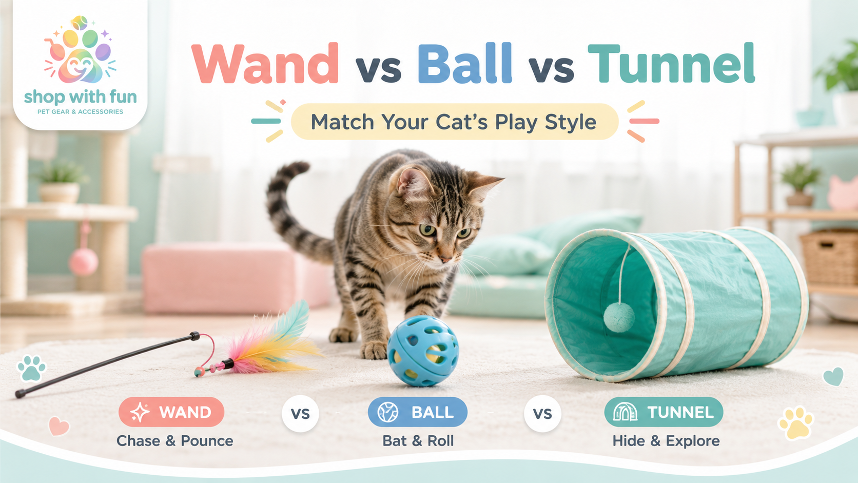 Indoor tabby cat choosing between a feather wand toy, blue rolling ball and turquoise play tunnel in a bright enrichment area.