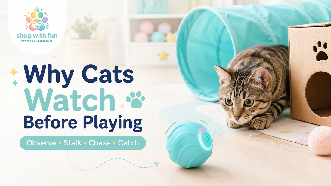 Tabby cat watching a blue automatic rolling toy from behind a play tunnel before deciding whether to stalk and chase