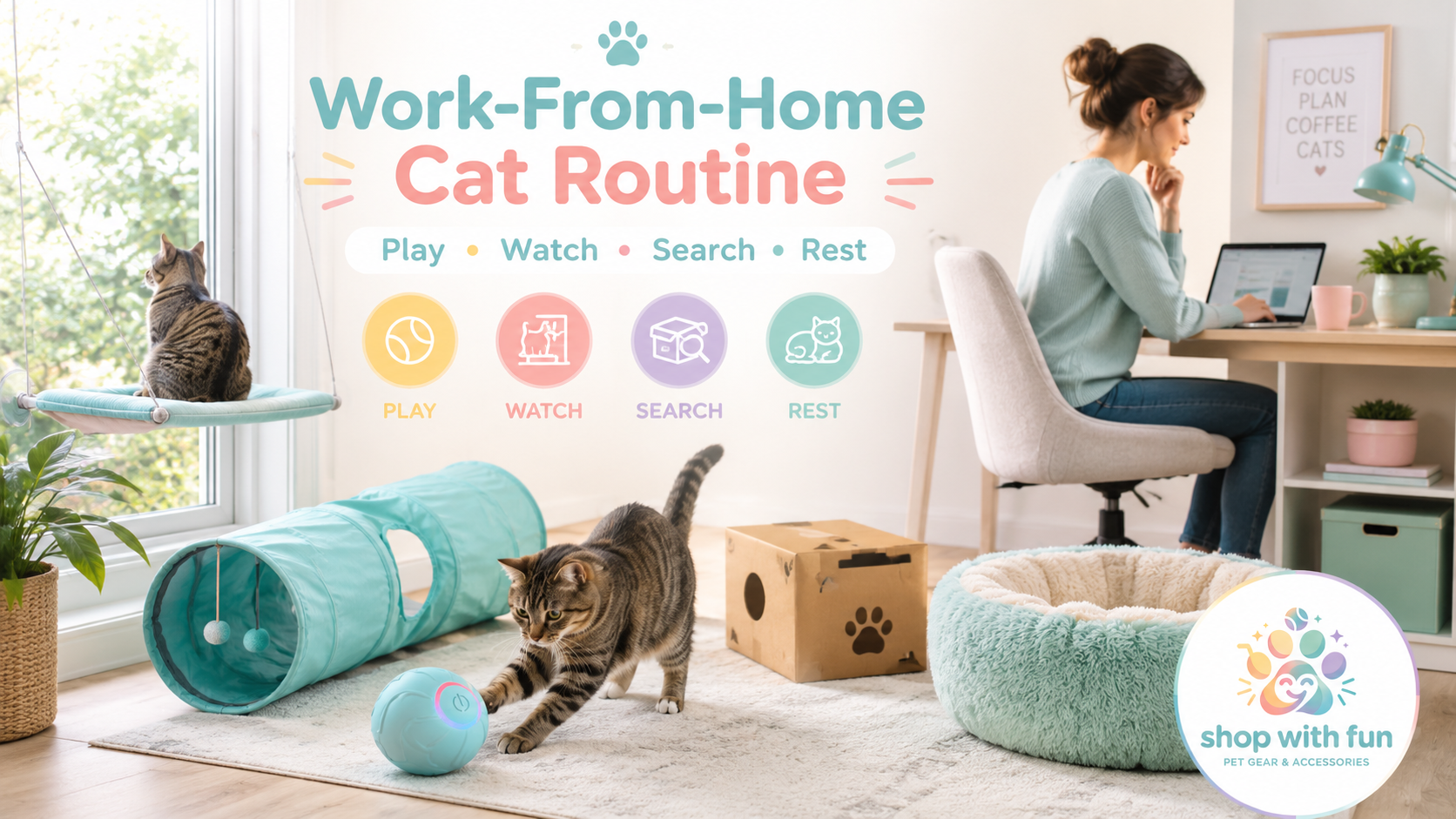 Indoor tabby cat using a window hammock, automatic rolling ball and play tunnel beside a person working at a home-office desk.