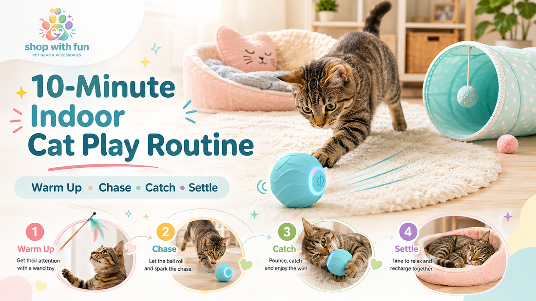Indoor cat following a 10-minute play routine with a wand toy, rolling ball, tunnel and calm rest area in a bright living room.