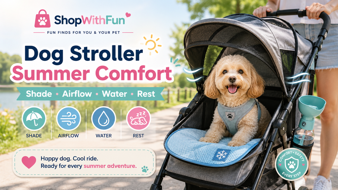 Small dog riding in a shaded pet stroller with a cooling mat and portable water bottle during a summer walk.