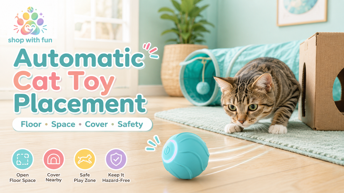 Indoor tabby cat watching a blue automatic rolling toy in a safe open play zone with a tunnel, rug edge and clear floor space.