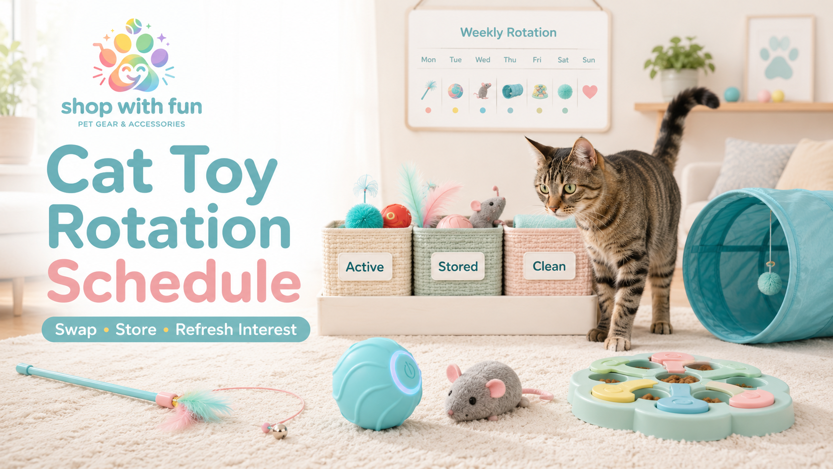 Indoor tabby cat beside a weekly toy rotation setup with a wand toy, automatic rolling ball, tunnel, puzzle feeder and labeled storage basket.