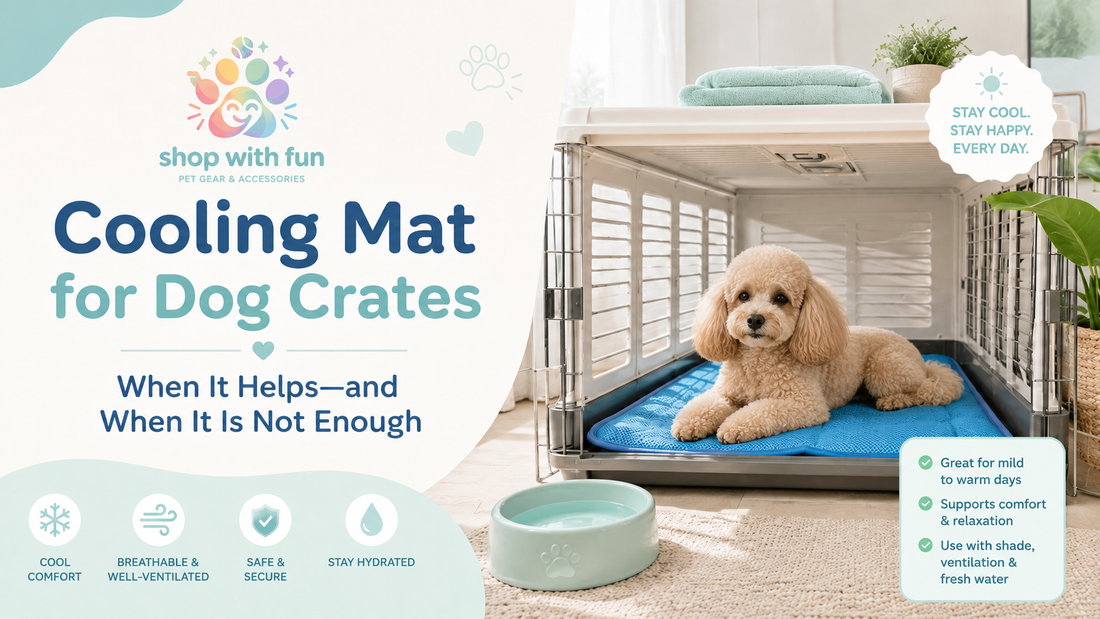 Small dog resting on a breathable blue cooling mat inside a shaded, ventilated crate with fresh water nearby.