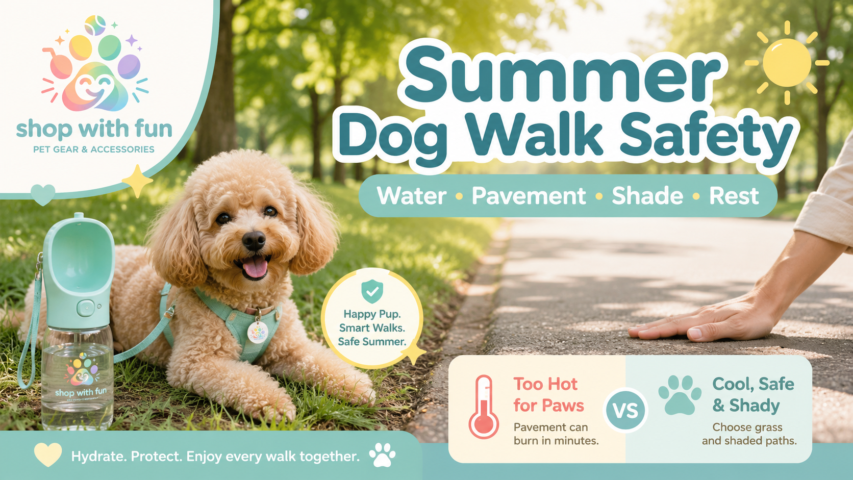 Small dog resting in shade during a summer walk beside a portable water bottle, with a person checking the pavement and a grassy route nearby.
