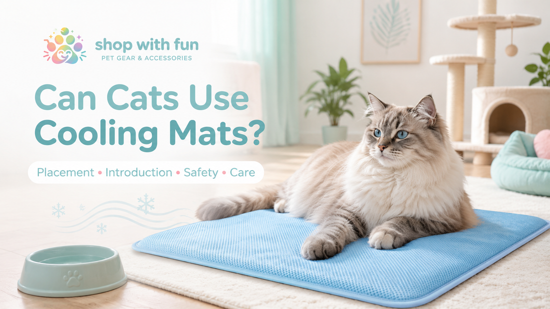 Indoor cat resting beside a breathable blue cooling mat in a shaded room with fresh water, airflow and a calm summer setup.