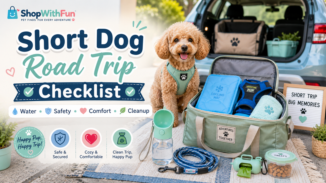 Small dog beside an open travel bag packed with a portable water bottle, cooling mat, harness, waste bags and comfort supplies for a short road trip.