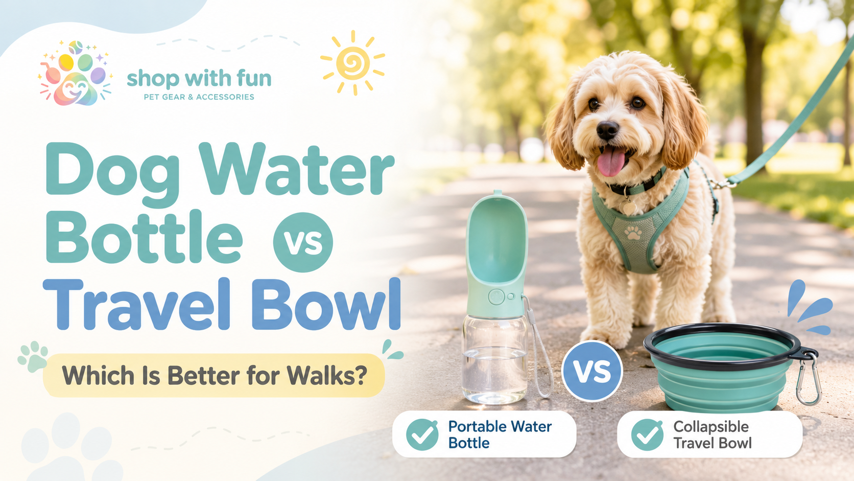 Dog water bottle and collapsible travel bowl beside a small dog on a shaded walking path, comparing hydration options for walks.