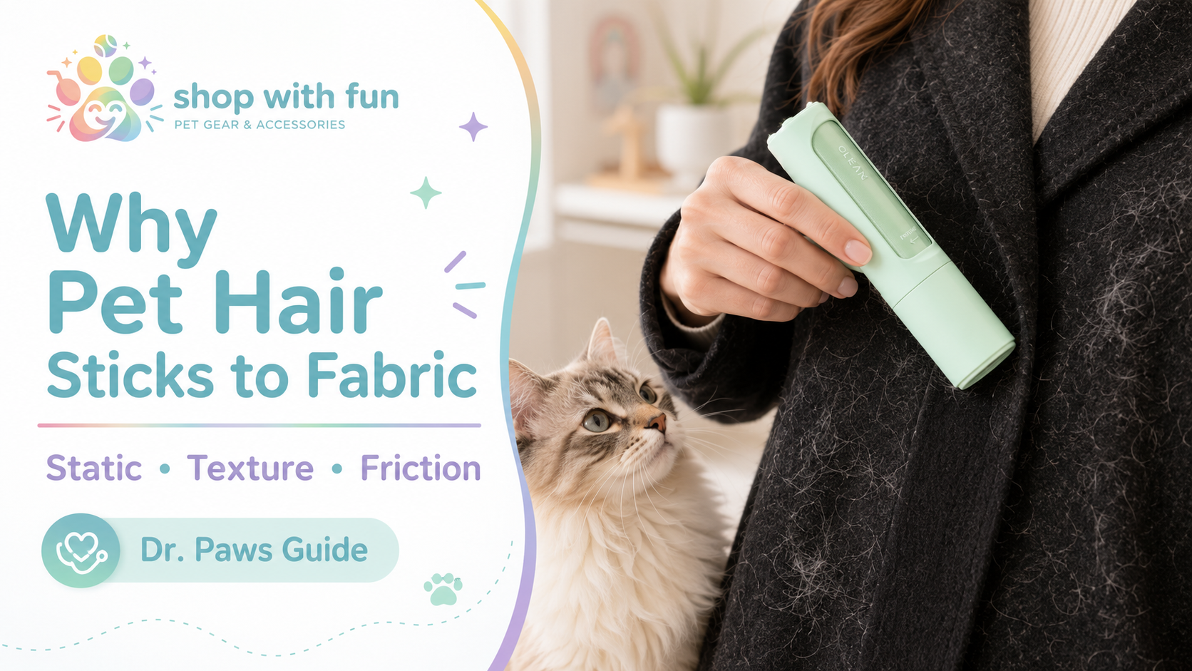 Close-up of pet hair clinging to dark fabric beside a reusable pet hair remover, illustrating static, texture and friction.