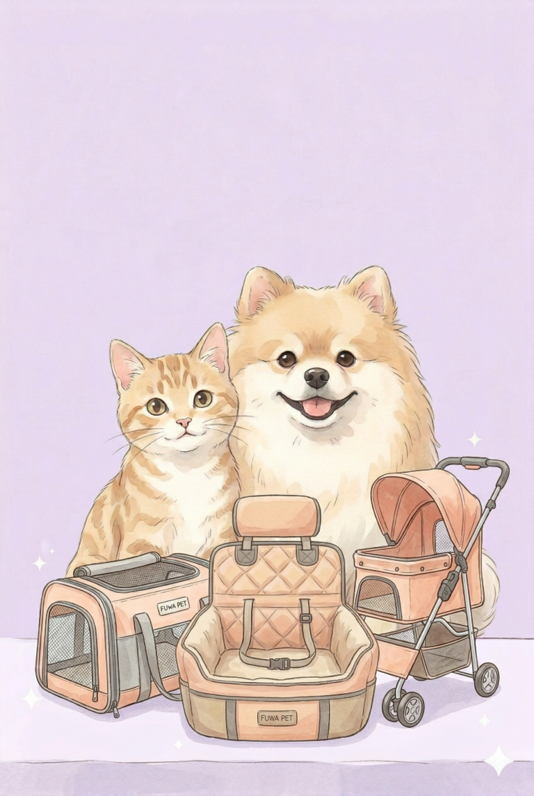 Pet travel essentials for small dogs and cats including carrier, water bottle, paw cleaner and cooling mat