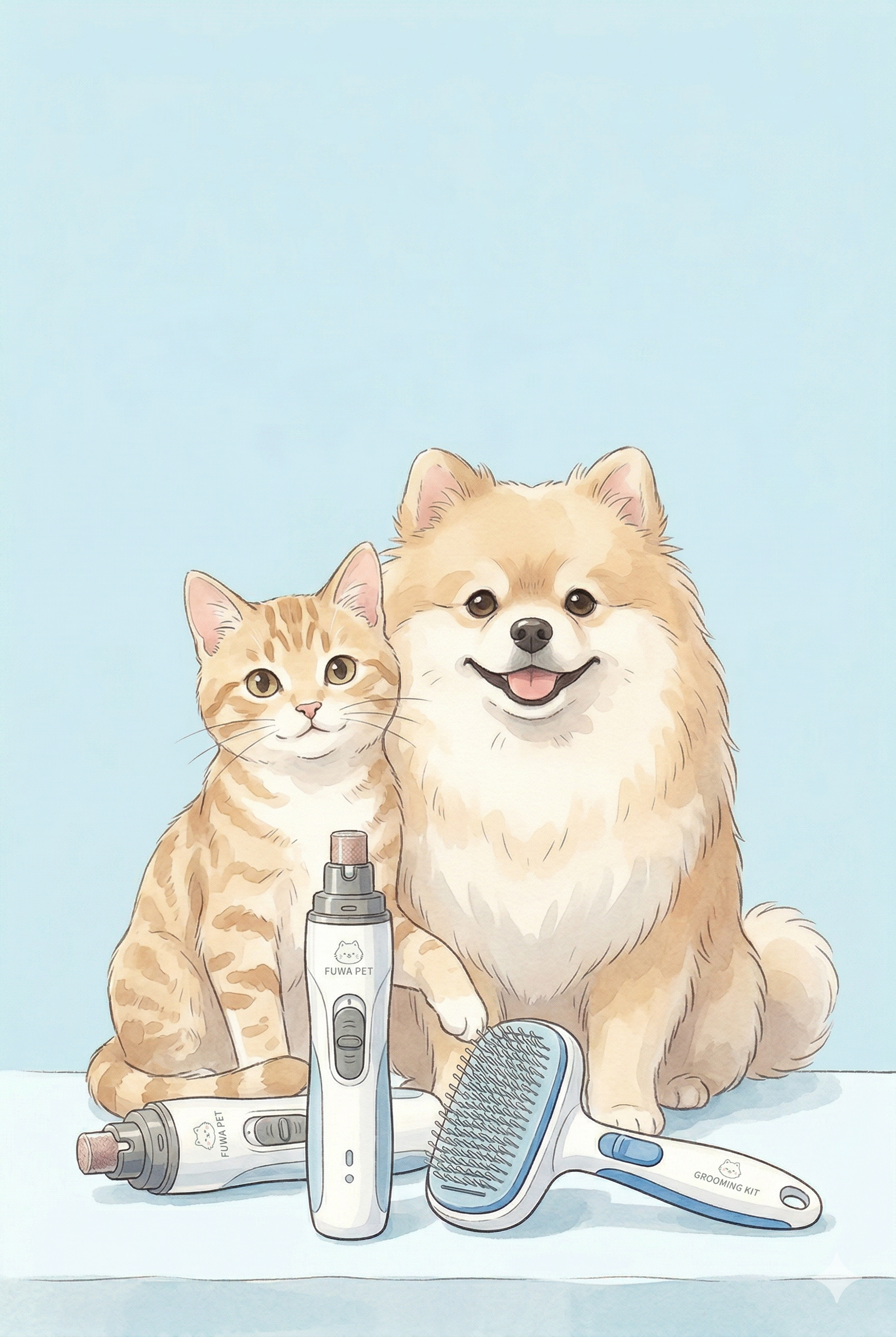 Pet grooming and cleanup essentials for brushing, trimming, bathing, drying and fur removal