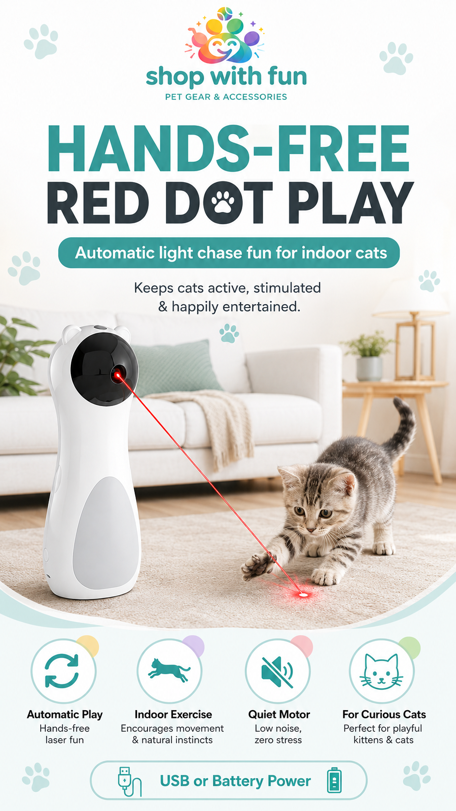 Automatic red dot cat toy creating hands-free indoor play on the floor, helping curious cats stay active, engaged, and entertained