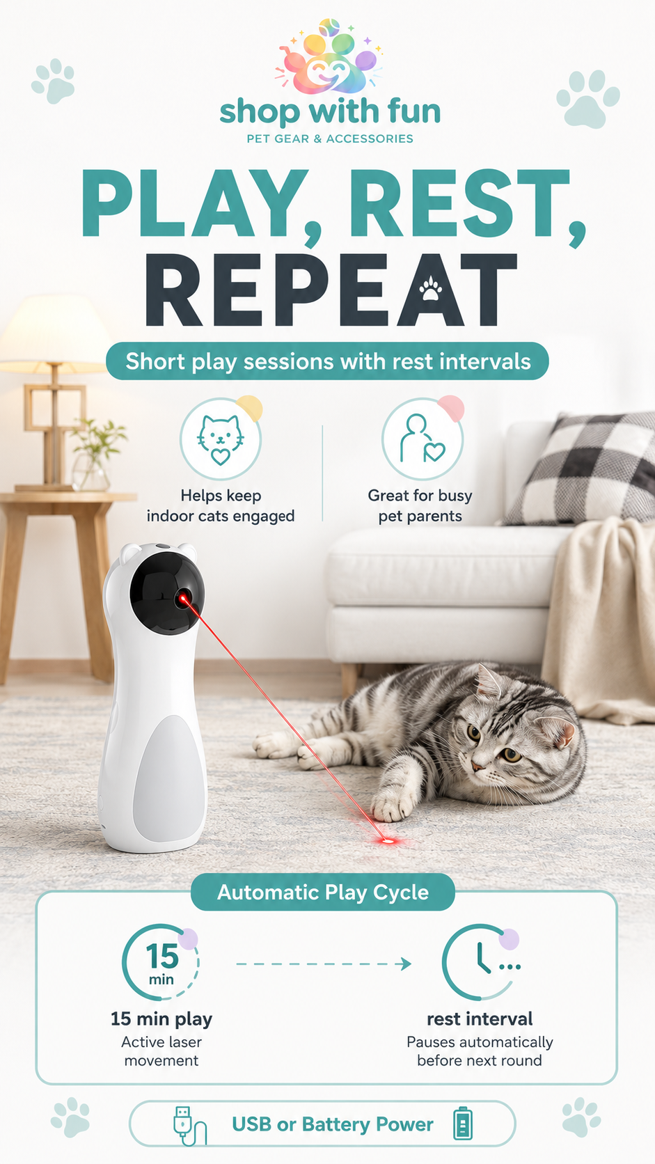 Automatic cat toy with short play sessions and rest intervals, designed to encourage indoor activity without constant manual play