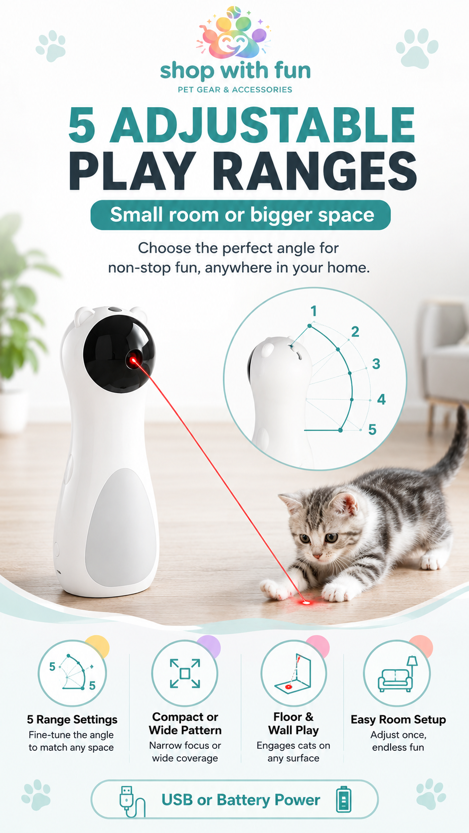 Automatic rotating cat toy with 5 adjustable play ranges for small rooms, wider spaces, floor play, and wall play