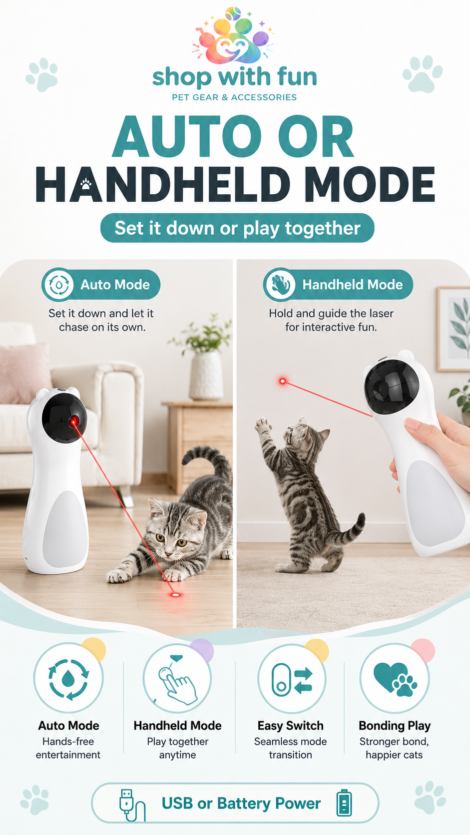 2-in-1 cat red dot toy with automatic mode and handheld mode for hands-free play or interactive bonding time with your cat
