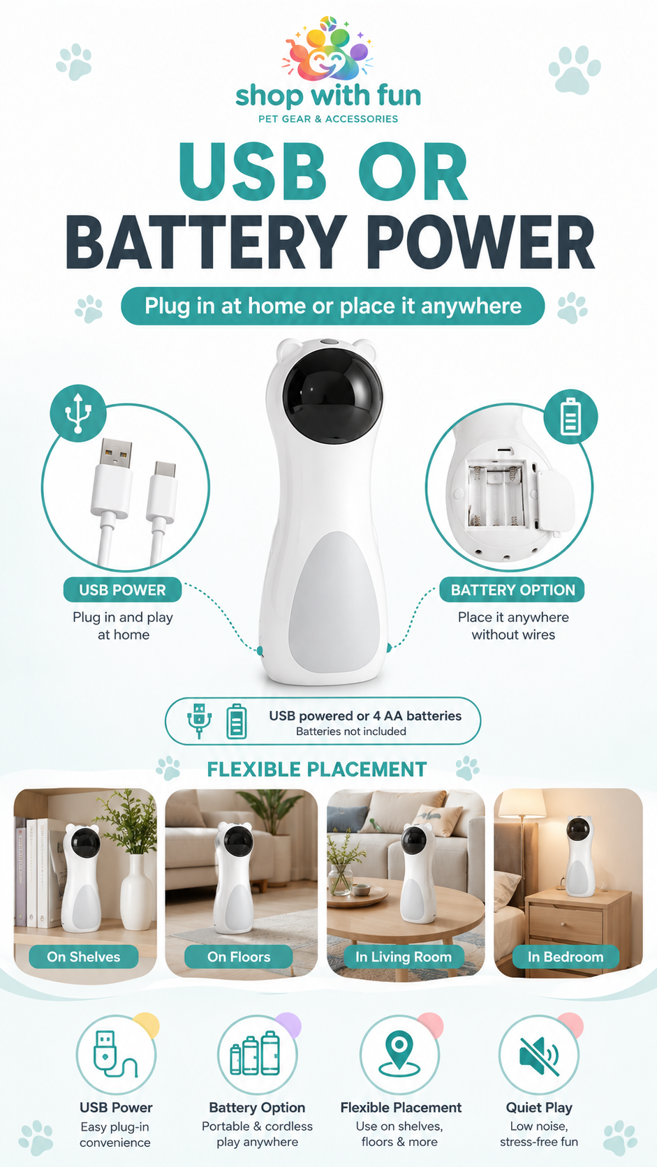 Automatic indoor cat toy with USB power and 4 AA battery option for flexible placement on shelves, floors, living rooms, and bedrooms