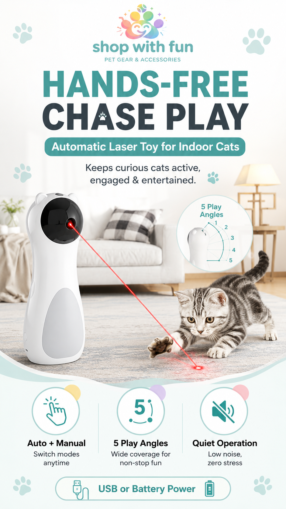 2-in-1 automatic rotating red dot cat toy for indoor cats with hands-free play, 5 play angles, quiet operation, and USB or battery power