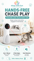 2-in-1 automatic rotating red dot cat toy for indoor cats with hands-free play, 5 play angles, quiet operation, and USB or battery power