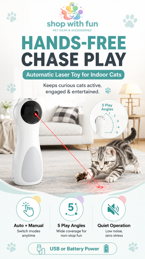 2-in-1 automatic rotating red dot cat toy for indoor cats with hands-free play, 5 play angles, quiet operation, and USB or battery power