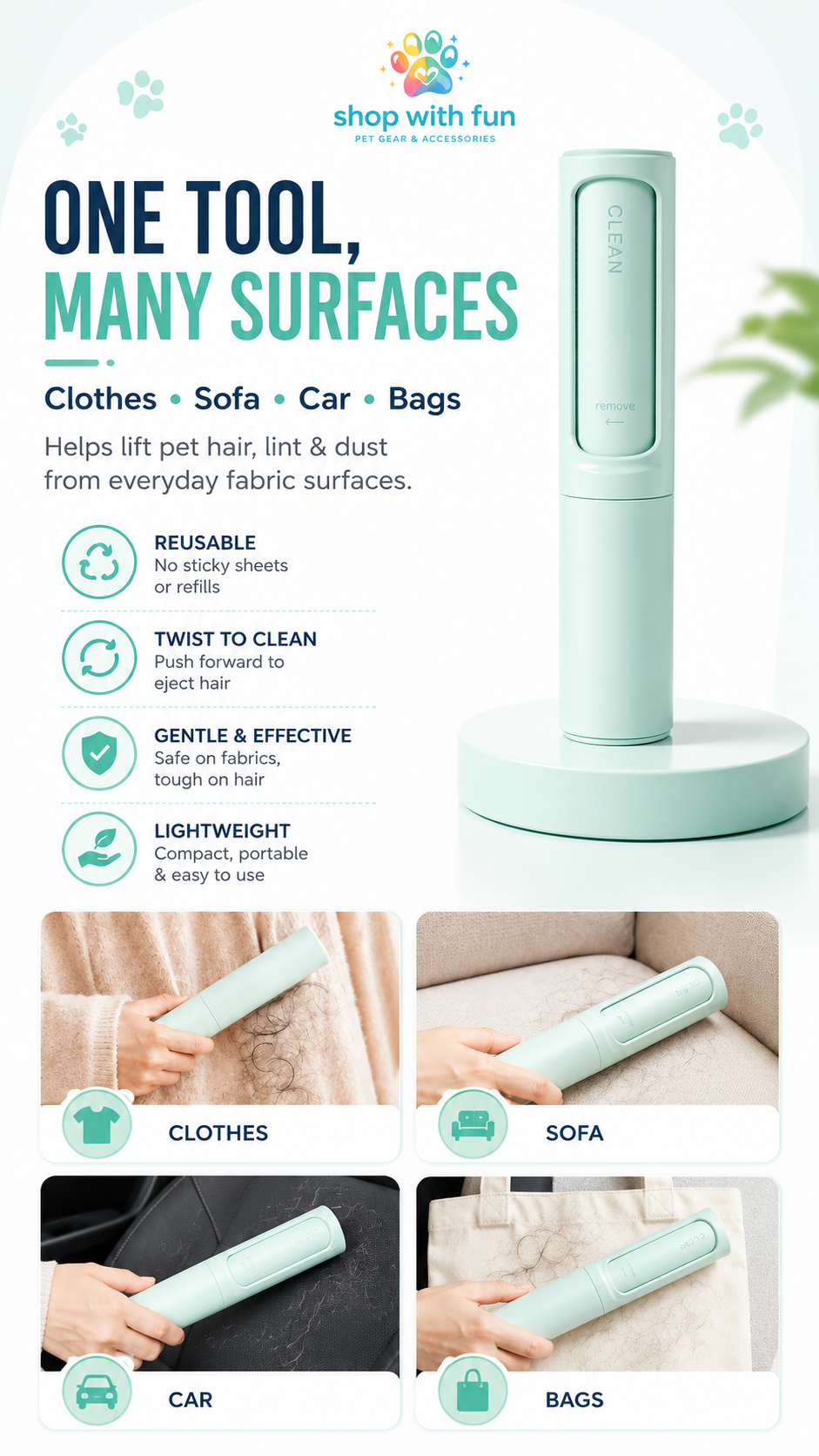 Portable pet hair remover brush lifting pet hair, lint, and dust from clothes, sofa, car seats, bags, and everyday fabric surfaces